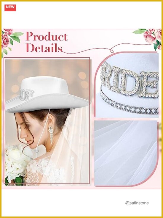 14 Pcs Cowgirl Hat Set with Veil and Satin Sash Bachelorette Party Decor main image 6